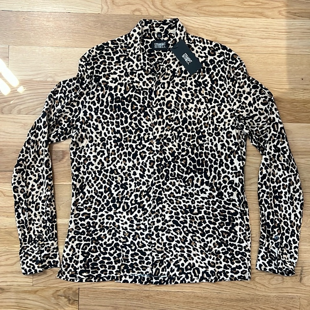 Straight to Hell Men's Leopard Print Button-Down Shirt - Black & Cream